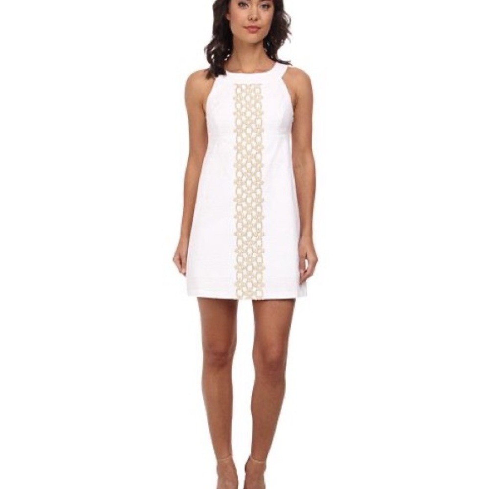 Lilly Pulitzer Jacqueline resort white shift dress with gold trim
